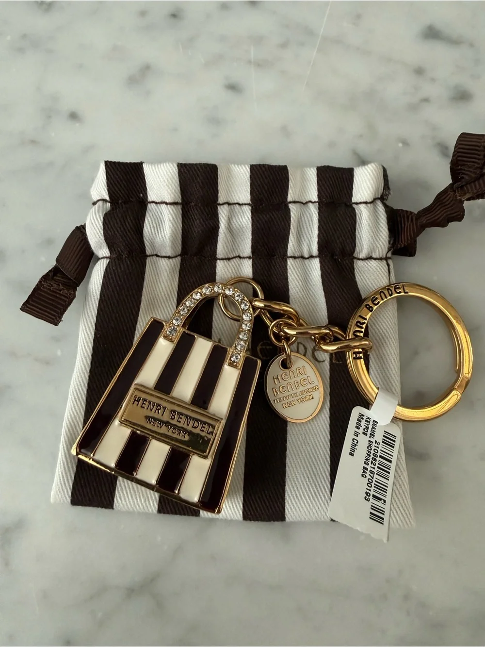henri bendel Black and White Striped Enamel Bag Charm Keyring with Gold Hardware